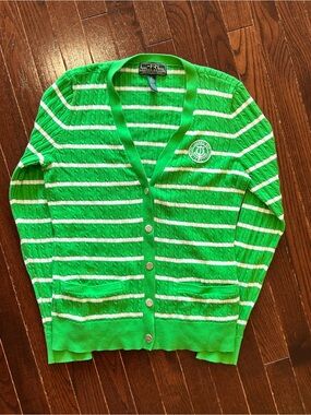 Ralph Lauren Green Striped Cable Knit Cardigan Prep Old Money Sz M